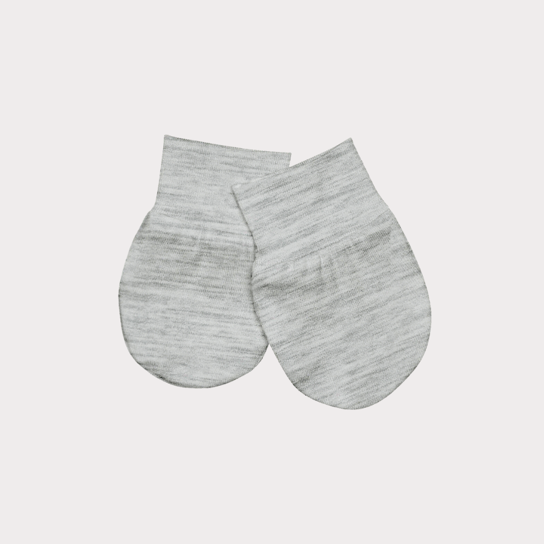 a pair of grey baby mittens
