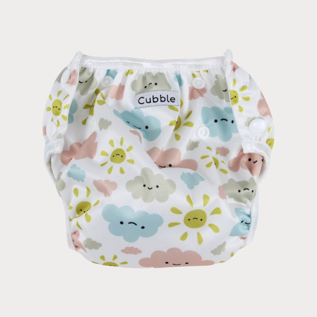 a swim diaper with colour sunshine and cloud design